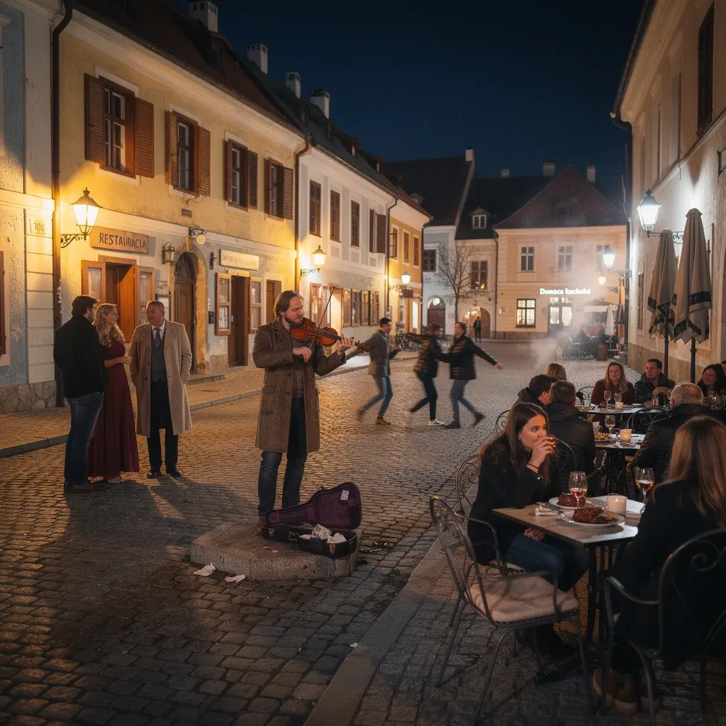 Visitors exploring the cobblestone streets of Banská Štiavnica, surrounded by colorful houses and lush greenery.