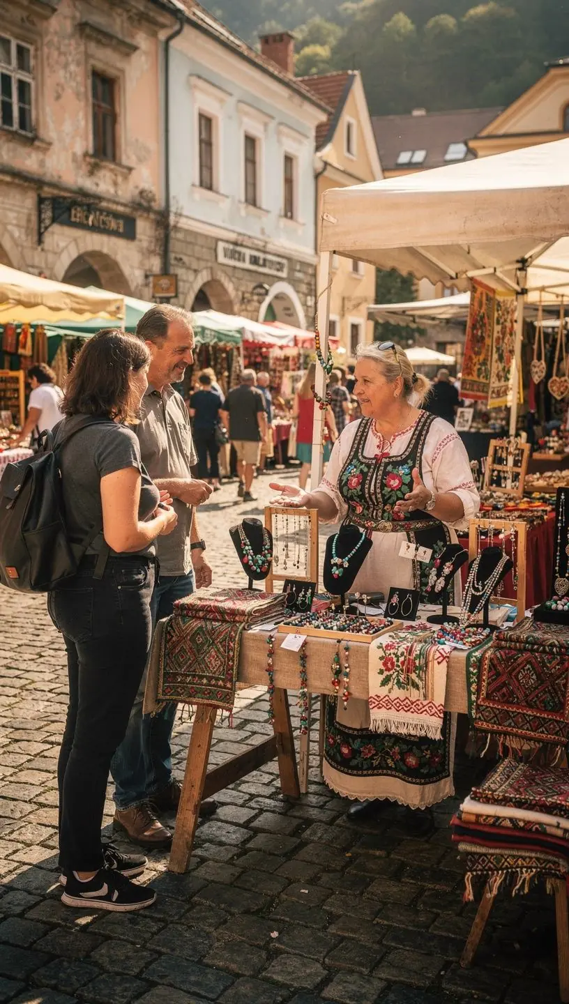 A panoramic view of the medieval town square in Bardejov, showcasing its historic architecture and vibrant market atmosphere.